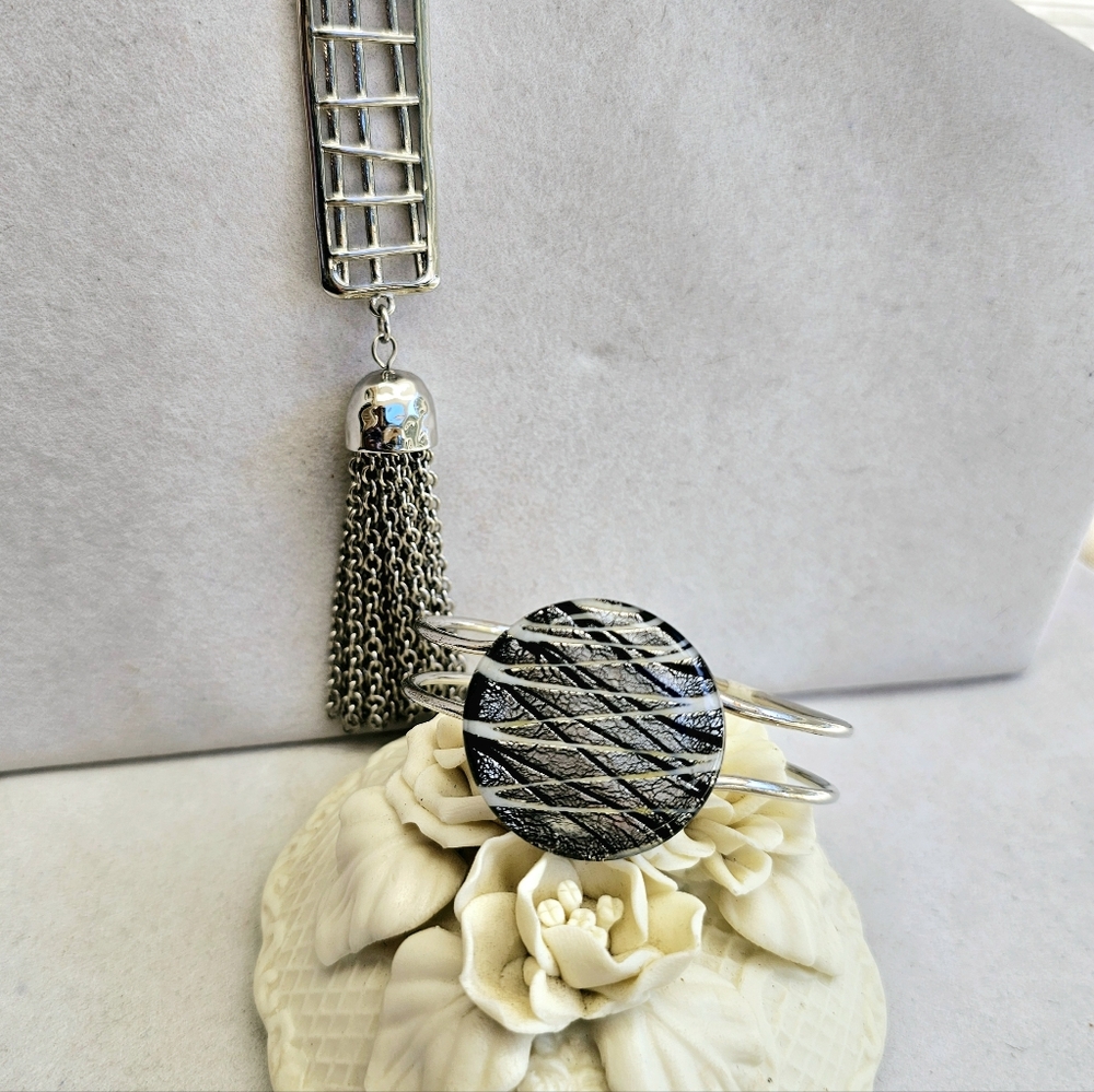 Chico's Silver Tassel Necklace with Hinged Glass Disc Bangle
